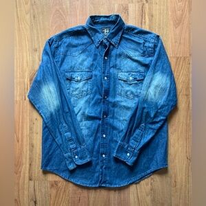 Evolution In Design Pearl Snap Down Distressed Heavy Denim Cotton Shirt Mens XL